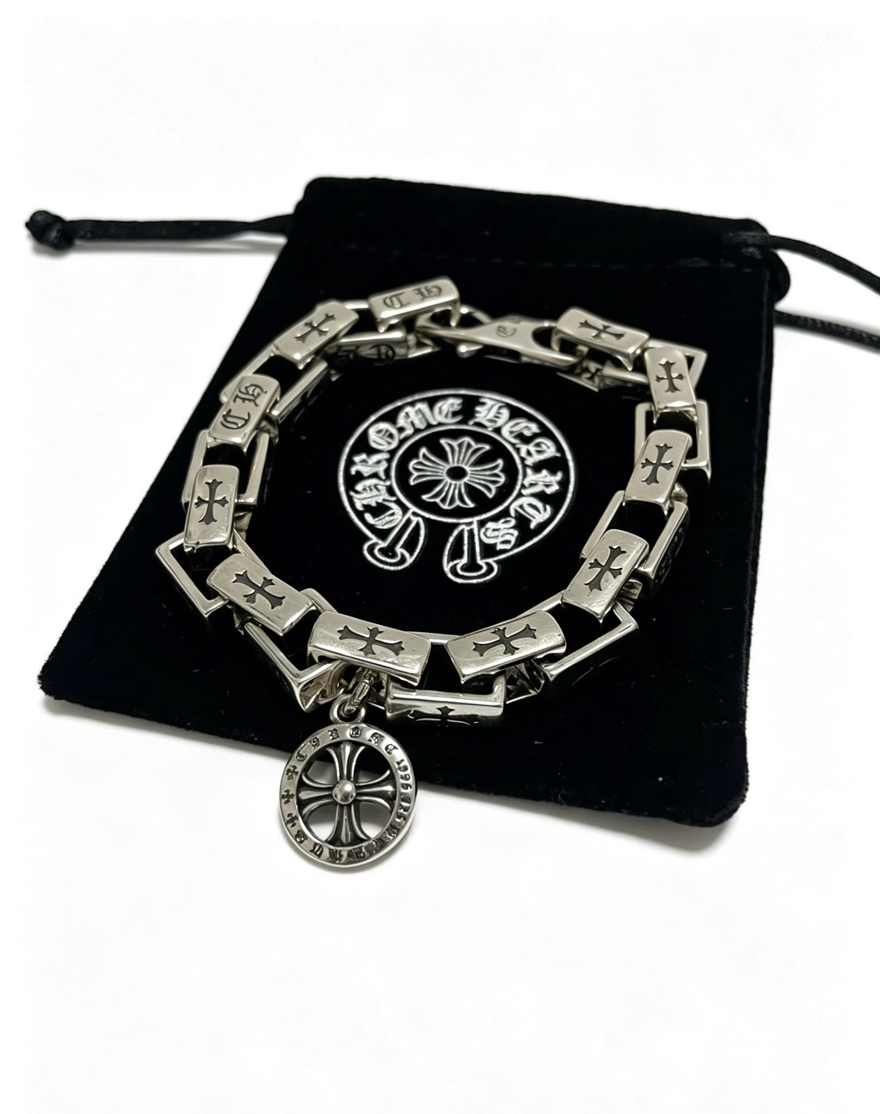 Chrome Hearts Silver Bracelet with Crosses and Wheel Charm
